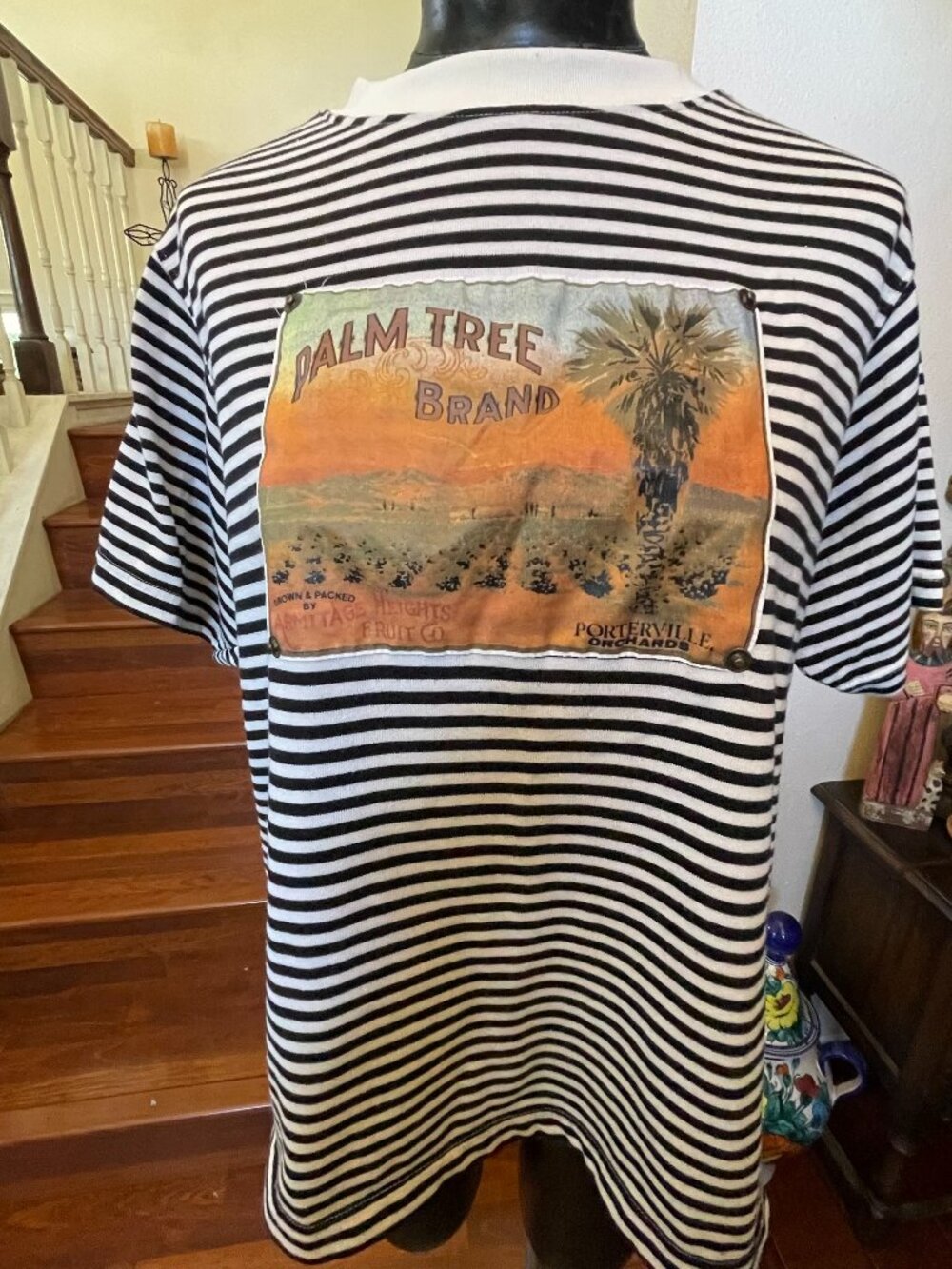 VTG White Stag Women's M Striped Blk/White Shirt/Top "Palm Tree Brand" Graphic